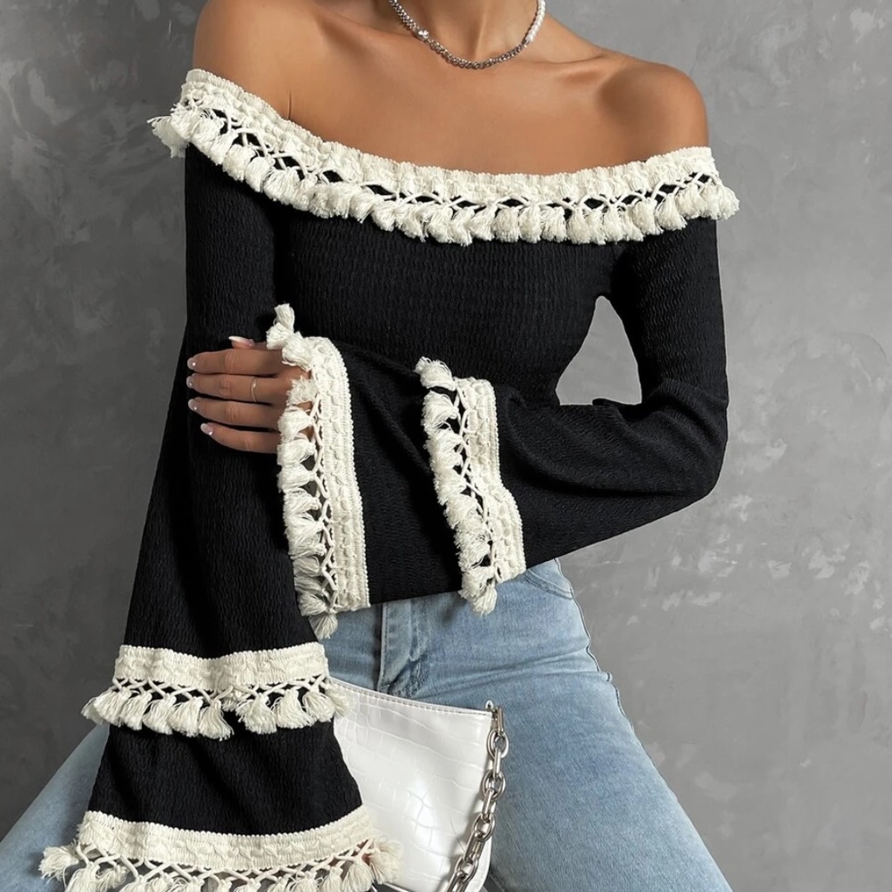 Boho Off Shoulder Tassel Detail Cropped Top - Picture 6 of 13